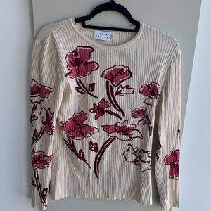 Tanya Taylor Cream Ribbed Sweater with Pink Floral Embroidery